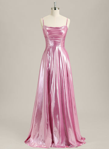 A-Line Spaghetti Straps Sweep Train Metallic Prom Dress